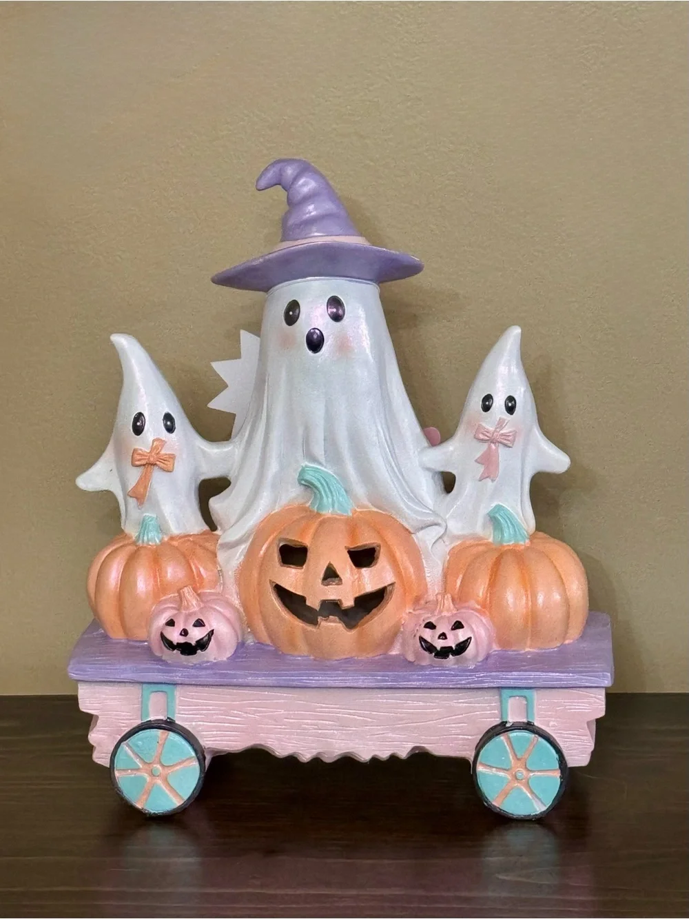 Whimsical Ghost & Pumpkin Halloween Wagon Decor - Pastel Orange, Lavender, White